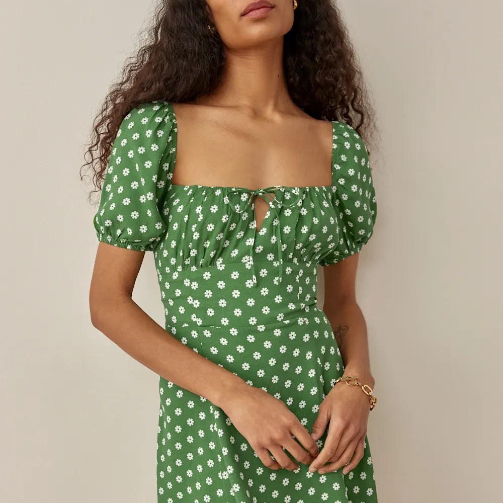 Reformation Green Floral Puff Sleeve Mini Corbin Dress in Hannah - Picture 3 of 10